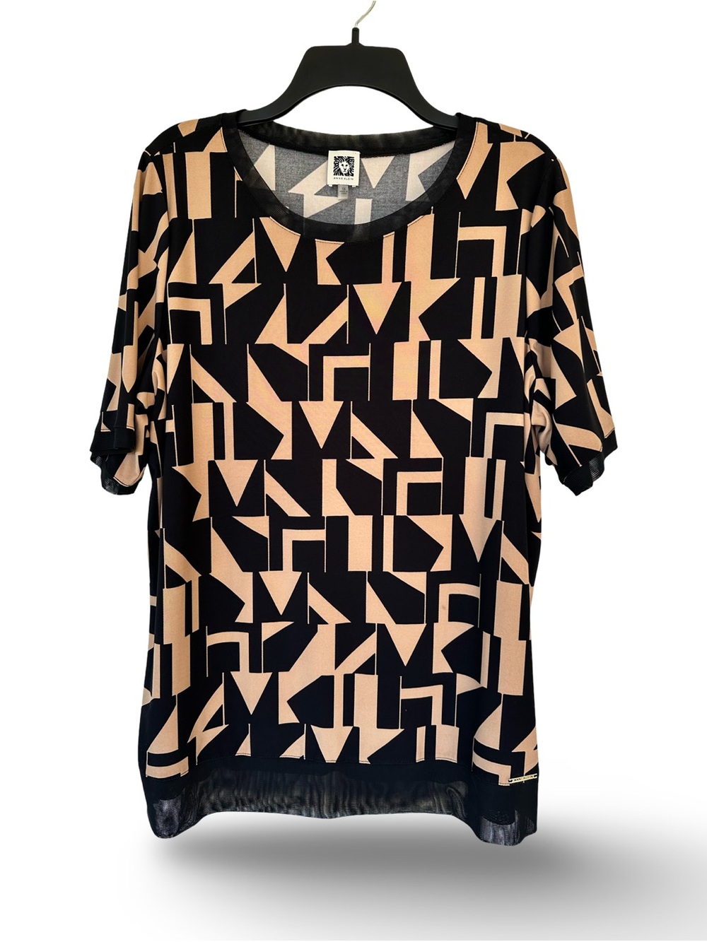 Anne Klein Black and Tan Geometric Short Sleeve Top